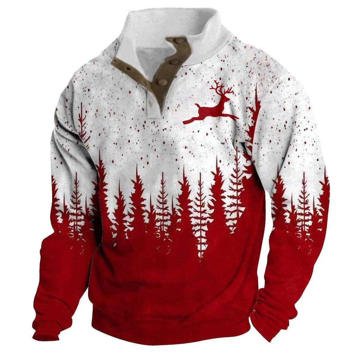 Digital Printing Christmas Fawn Collar Button Men Sweatshirt