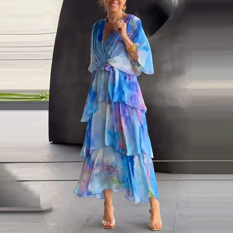 Women Fashion Sexy Deep V Gradient Print Chiffon Dress