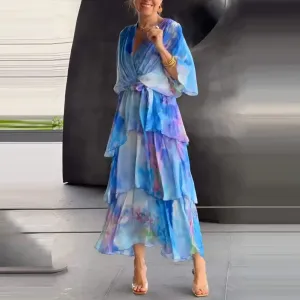 Women Fashion Sexy Deep V Gradient Print Chiffon Dress