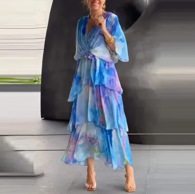 Women Fashion Sexy Deep V Gradient Print Chiffon Dress