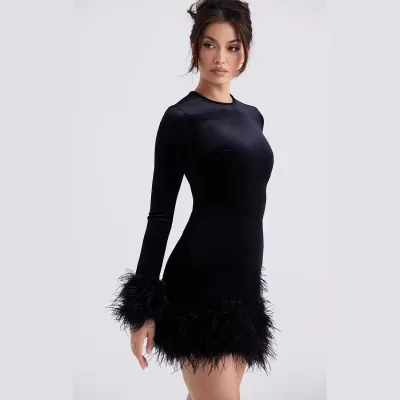 Autumn Winter Women's Solid Color Gold Velvet Feather Decoration Slim Fit Midi Dress