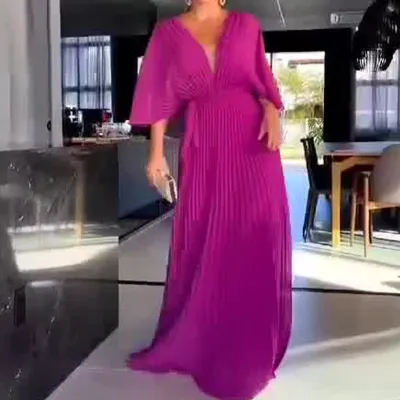 Autumn Women Fashion Solid Color V-Neck Bat Sleeve High Waist Maxi Dress