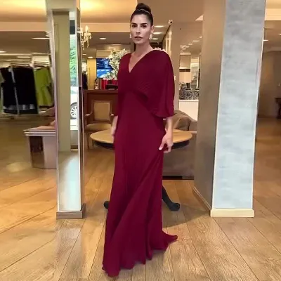 Autumn Women Fashion Solid Color V-Neck Bat Sleeve High Waist Maxi Dress
