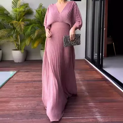 Autumn Women Fashion Solid Color V-Neck Bat Sleeve High Waist Maxi Dress