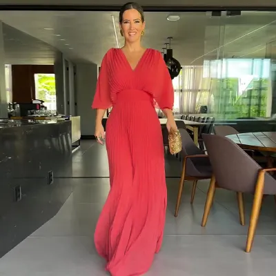 Autumn Women Fashion Solid Color V-Neck Bat Sleeve High Waist Maxi Dress