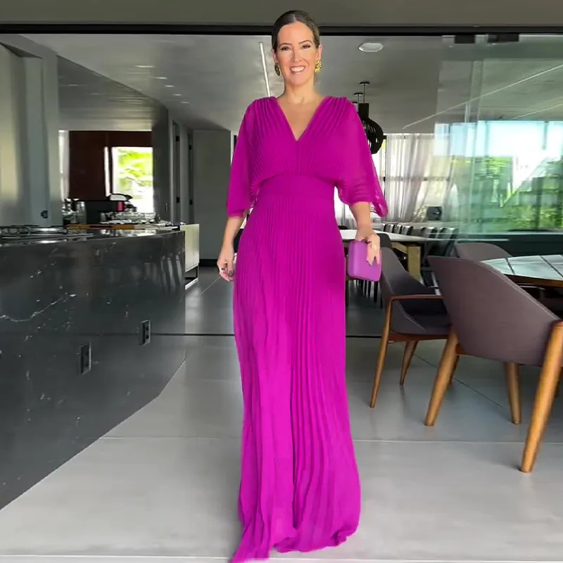 Autumn Women Fashion Solid Color V-Neck Bat Sleeve High Waist Maxi Dress