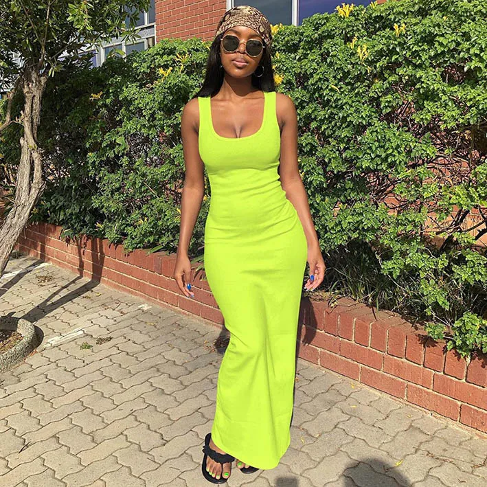 Women Sexy Fashion Solid Color Thread Sleeveless Tight Maxi Dress