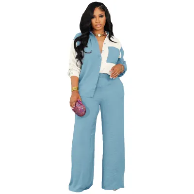 Women Fashion Fall/Winter Colorblock Pocket Elegant Wind Shirt Pants Set