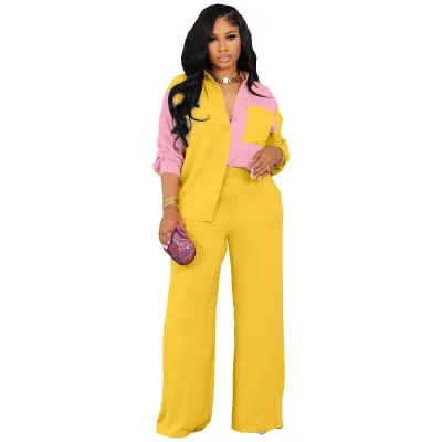 Women Fashion Fall/Winter Colorblock Pocket Elegant Wind Shirt Pants Set