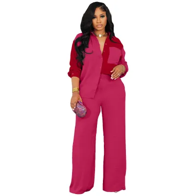 Women Fashion Fall/Winter Colorblock Pocket Elegant Wind Shirt Pants Set