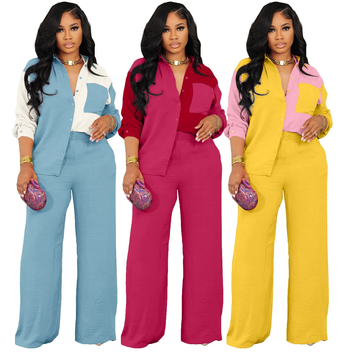 Women Fashion Fall/Winter Colorblock Pocket Elegant Wind Shirt Pants Set