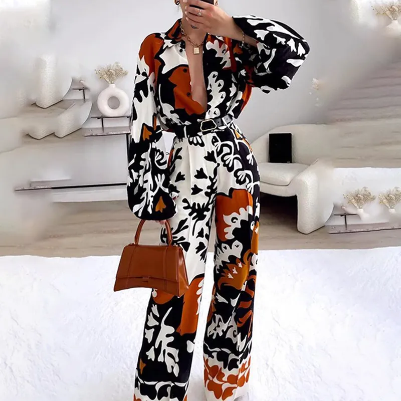Women Fashion Print Long Sleeve Shirt Casual Trousers Two-Piece Suit