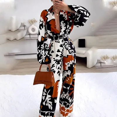 Women Fashion Print Long Sleeve Shirt Casual Trousers Two-Piece Suit