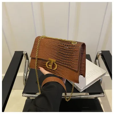 Women Fashion Versatile Square Chain Crocodile Gradient Color Shoulder Bag