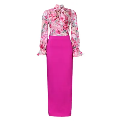 Women Fashion Print Strap Long Sleeve Shirt Skirt Two-Piece Set