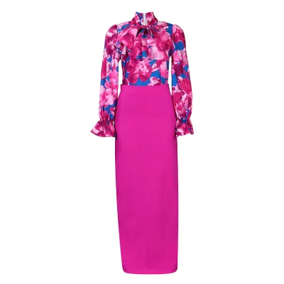 Women Fashion Print Strap Long Sleeve Shirt Skirt Two-Piece Set