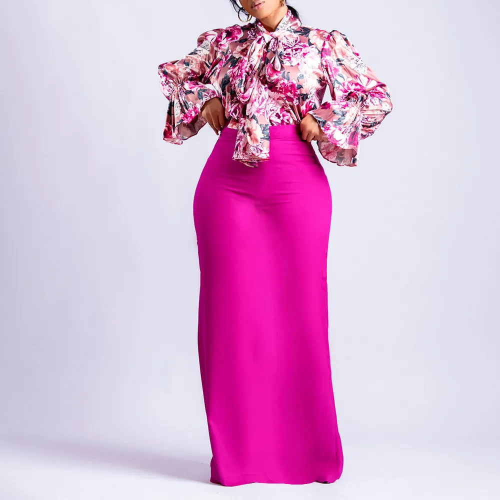 Women Fashion Print Strap Long Sleeve Shirt Skirt Two-Piece Set