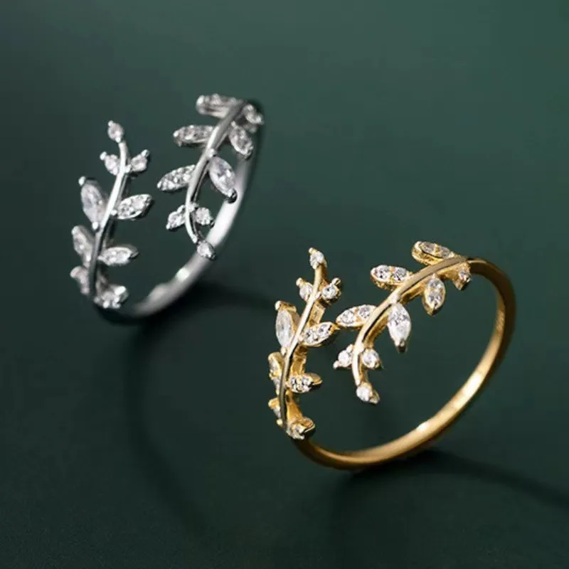 Women Personality Branch Leaf Rhinestone Opening Adjustable Ring