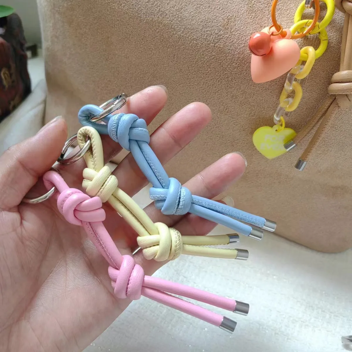 Simple Candy Color PU Rope Woven Keychain