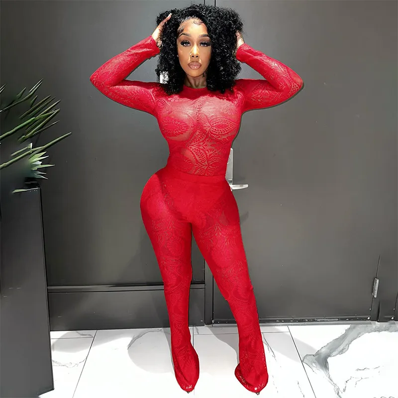 Women Fashion Lace Hollow Perspective Long Sleeve Jumpsuit Pants Set