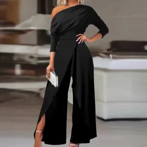 Women Elegant Solid Color One-Shoulder Long Sleeve Jumpsuit