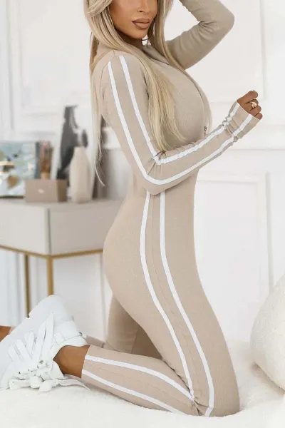 Women Winter Slim Fit Stripe Half Zipper Long Sleeve Jumpsuit