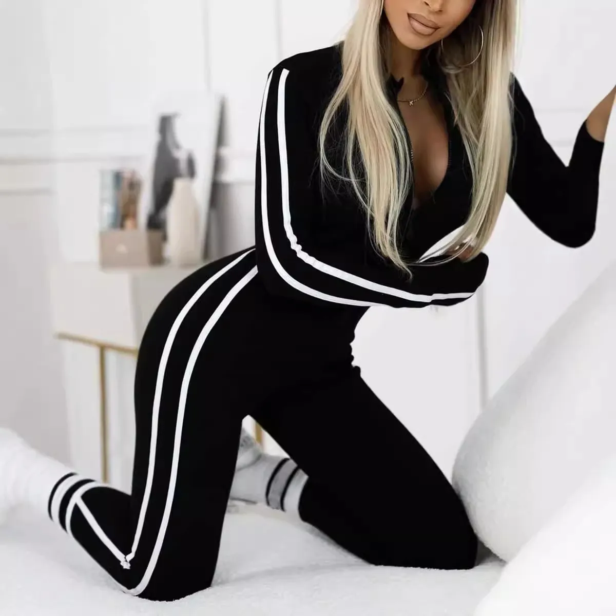 Women Winter Slim Fit Stripe Half Zipper Long Sleeve Jumpsuit