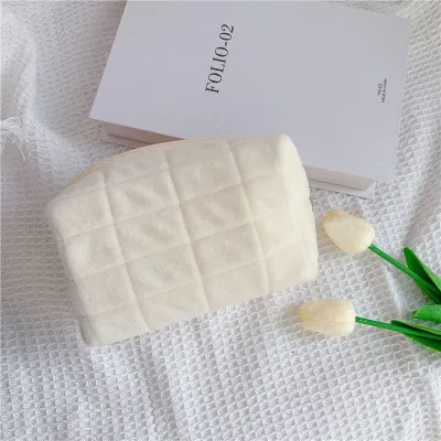 Flannel Pillow Shaped Cosmetic Bag Plush Plaid Unisex Makeup Organizer