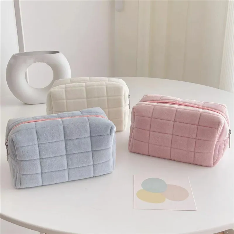 Flannel Pillow Shaped Cosmetic Bag Plush Plaid Unisex Makeup Organizer