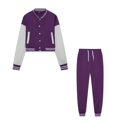 Women Stitching Jacket Single-Breasted Baseball Coat Sports Pants Set
