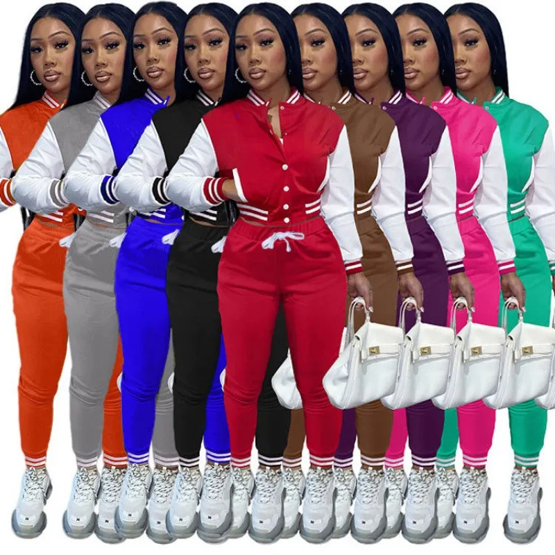 Women Stitching Jacket Single-Breasted Baseball Coat Sports Pants Set