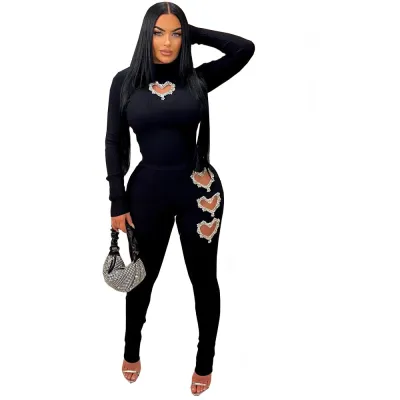 Women Heart Shaped Rhinestone Hollow Long Sleeve Top Solid Color Pants Set