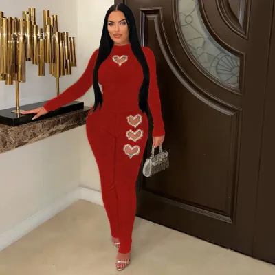 Women Heart Shaped Rhinestone Hollow Long Sleeve Top Solid Color Pants Set