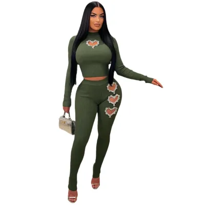Women Heart Shaped Rhinestone Hollow Long Sleeve Top Solid Color Pants Set