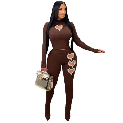 Women Heart Shaped Rhinestone Hollow Long Sleeve Top Solid Color Pants Set