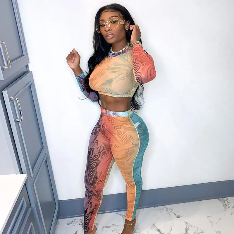 Women Sexy Tight Tie Dye Print Long Sleeve Crop Top Pants Two-Piece Set