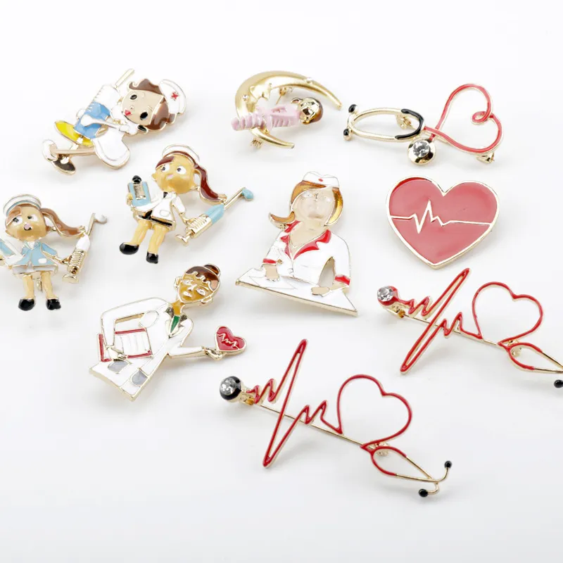 Women Fashion Creative Cartoon Stethoscope Doctor Nurse Heart Shape ECG Brooch