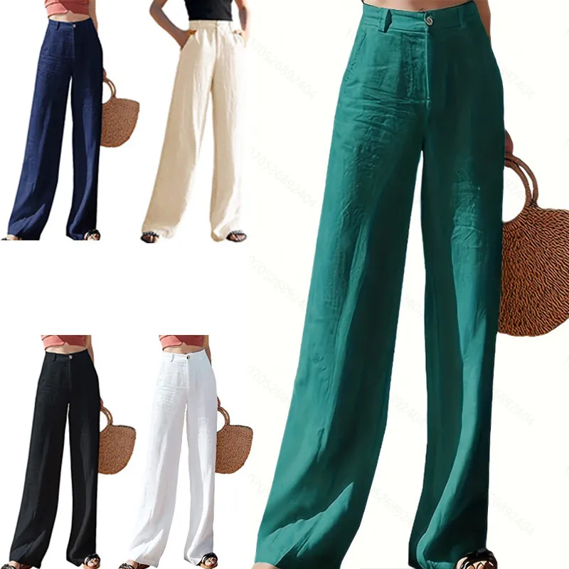 Women Fashion Linen Loose Wide Leg Casual Trousers