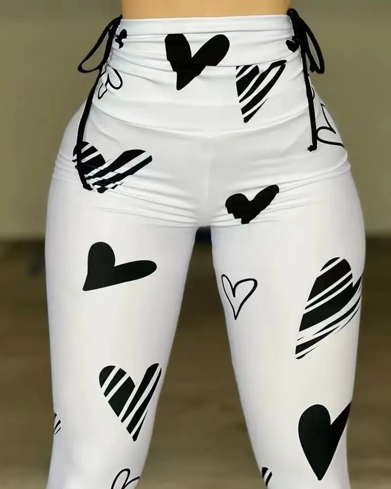 Women Fashion Drawstring Love Heart Printed Yoga Sports Fitness Leggings
