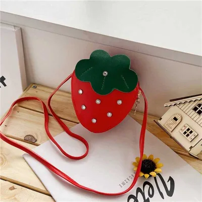 Kids Cute Cartoon Rhinestone Crossbody Bag Small PU Leather Zipper Children's Strawberry Series