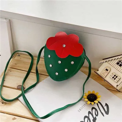 Kids Cute Cartoon Rhinestone Crossbody Bag Small PU Leather Zipper Children's Strawberry Series