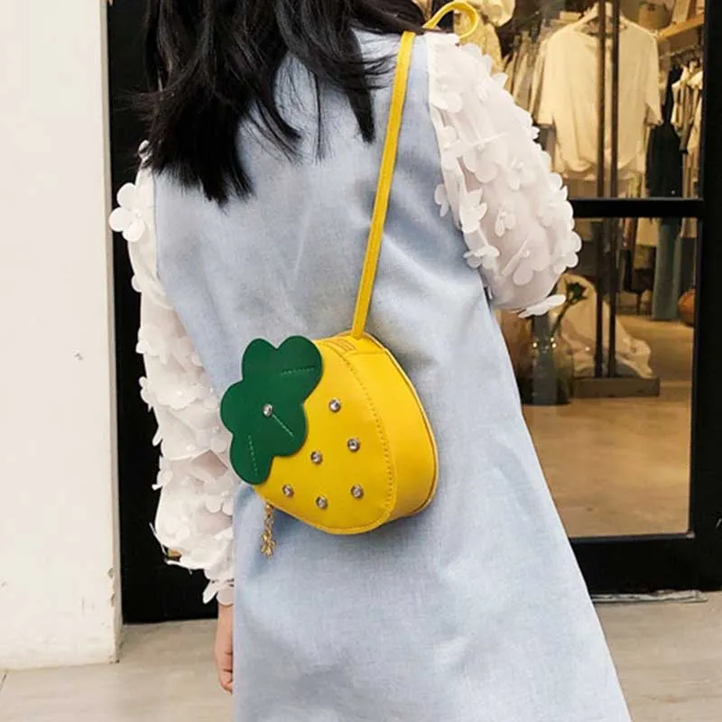 Kids Cute Cartoon Rhinestone Crossbody Bag Small PU Leather Zipper Children's Strawberry Series
