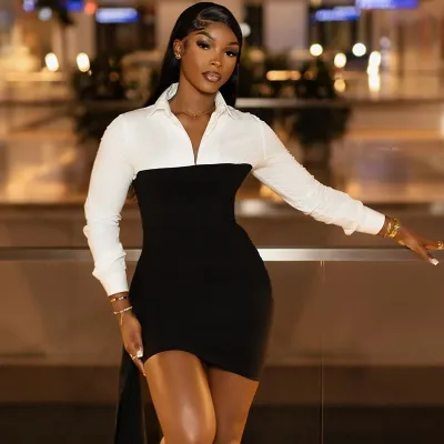 Women Black White Contrast Color Shirt Ribbon Dress