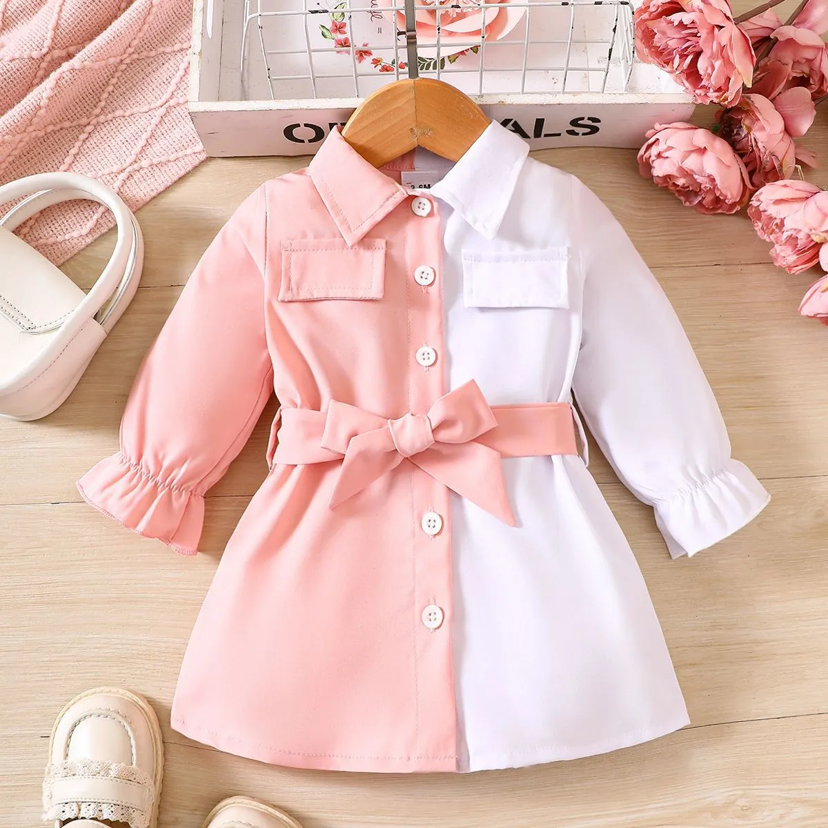 Kids Baby Girls Casual Color Matching Long Sleeve Lapel A-Line Dress