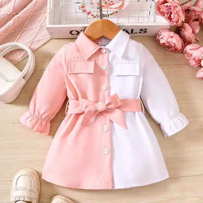 Kids Baby Girls Casual Color Matching Long Sleeve Lapel Dress