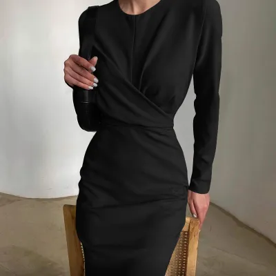 Women Retro Solid Color High Waist Long Sleeve Slim Midi Dress