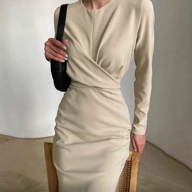 Women Retro Solid Color High Waist Long Sleeve Slim Midi Dress