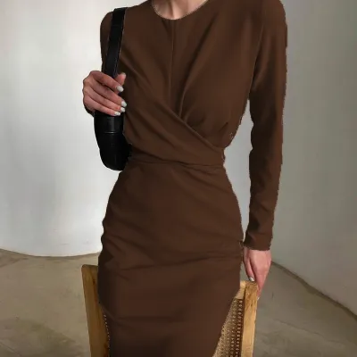 Women Retro Solid Color High Waist Long Sleeve Slim Midi Dress