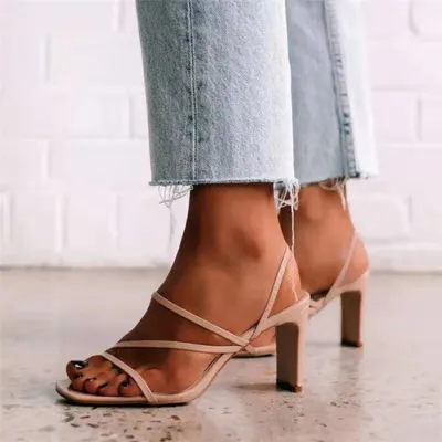 Simple Fashion Solid Color Square High Heel Slippers Round Toe