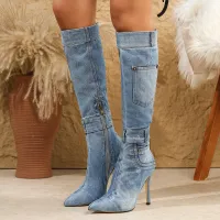Women Retro Plus Size Western Denim Side Zip Pointed Toe Short Boots